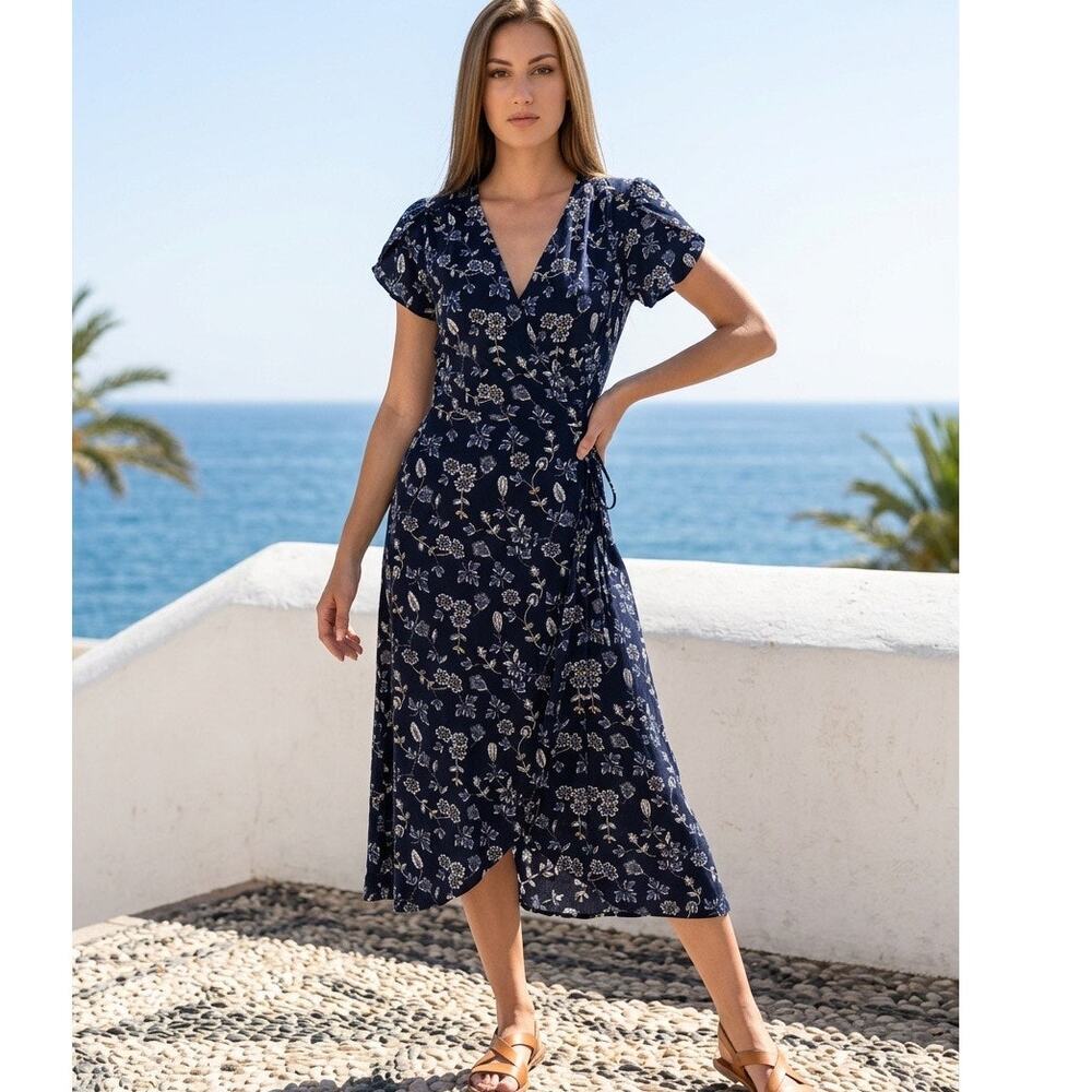 Gap True Wrap Dark Floral Midi Dress Womens XS Fairy Boho Beachy Vacation Resort